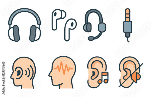 Headphones & Listening Concept isometric set. Over-ear headphones, earbuds, wireless headset, audio jack plug, listening icon, soundwave in head, ear with