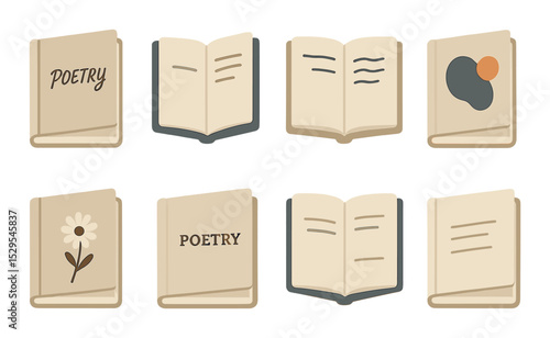 Poetry Book Mockups Concept isometric set. Soft linen cover, handwritten font layout, single poem on page, floating lines, abstract design element, flower