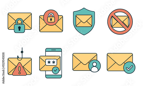 Email Security Concept isometric set. Locked mail, encrypted email, shield with envelope, spam blocker, phishing alert, 2FA on mail, private message icon.