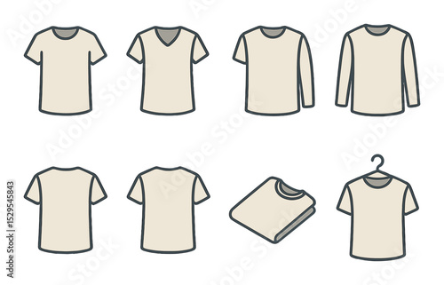 Classic T-Shirt Mockups Concept isometric set. Crew neck tee, V-neck tee, short sleeve tee, long sleeve tee, basic front view, back view tee, folded tee.