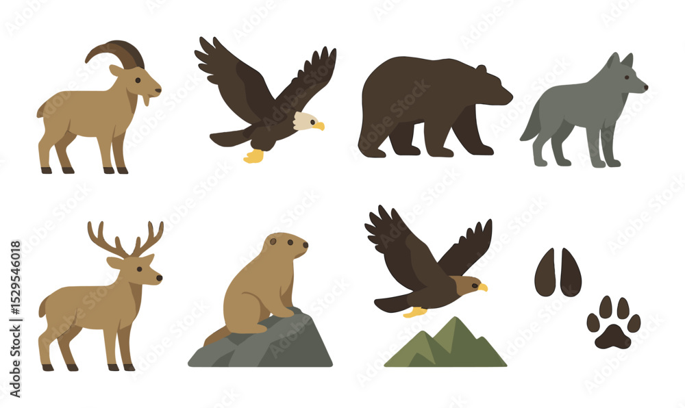 Obraz premium Mountain Wildlife Concept isometric set. Mountain goat, eagle in flight, bear silhouette, forest wolf, deer with antlers, marmot on rock, hawk over ridge.