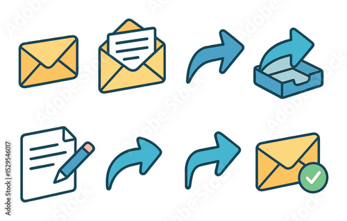 Email Basics Concept isometric set. Envelope icon, open mail, send arrow, inbox tray, draft paper, reply button, forward arrow, email checkmark