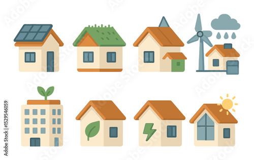 Eco-Friendly Homes Concept isometric set. Solar panel house, green roof home, wind-powered house, rainwater system, sustainable building, eco symbol on