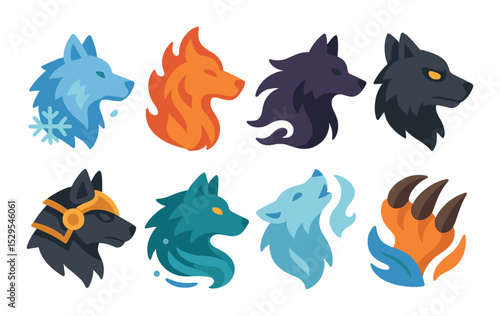 Fantasy Wolves Concept isometric set. Ice wolf, fire wolf, shadow wolf, glowing eyes wolf, armored beast, magic trail wolf, spectral howl, elemental claw
