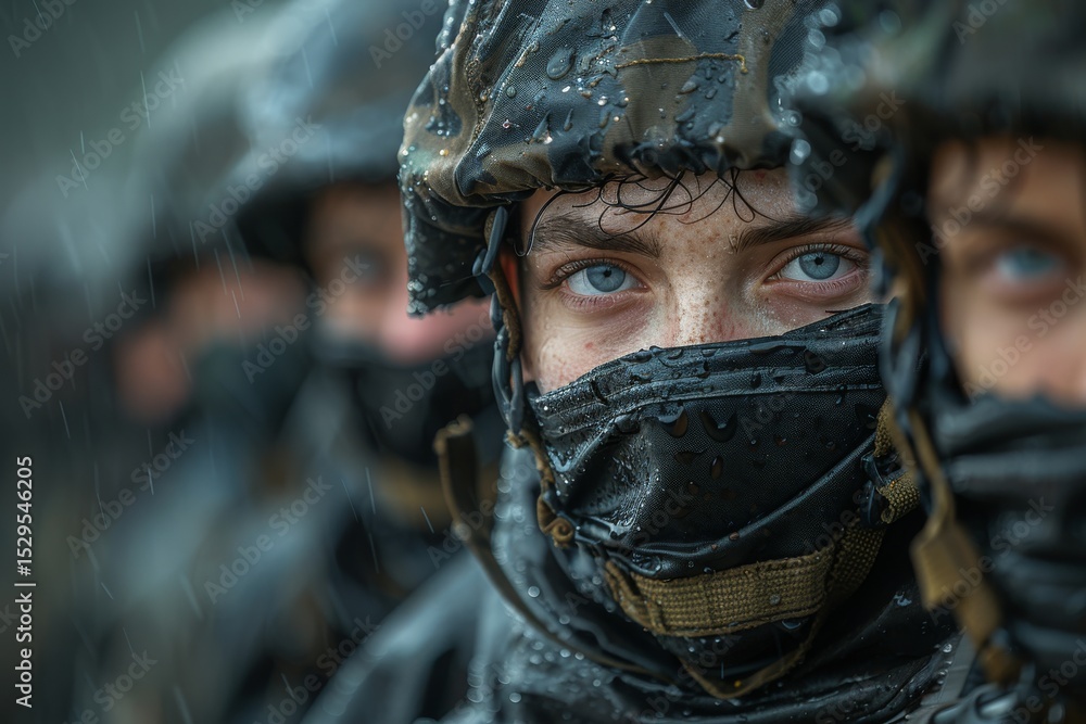Obraz premium A close-up of a soldier's expression, marked by determination and resilience, reveals the harsh realities of warfare amidst a rain-soaked environment.