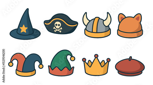 Themed Costume Hats Concept isometric set. Wizard hat, pirate tricorn, Viking helmet cap, animal ear beanie, jester hat, elf holiday hat, crown-style cap.