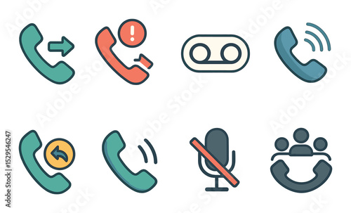 Phone Communication Concept isometric set. Incoming call icon, missed call alert, voicemail symbol, speakerphone icon, redial button, phone vibration, mute