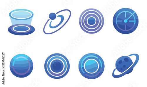 Futuristic Circle Logos Concept isometric set. Hologram ring, space orbit icon, galaxy sphere, cosmic ripple circle, sci-fi radar disc, cyber glow orb.