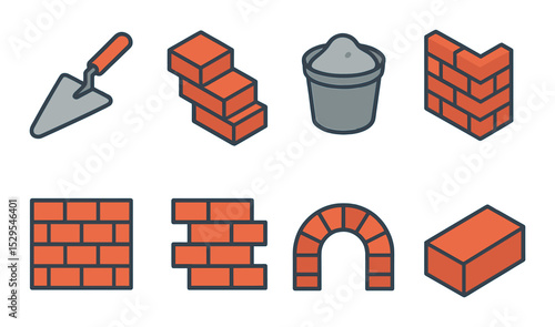 Bricklaying Concept isometric set. Trowel icon, stacked bricks, mortar bucket, corner wall symbol, patterned wall mark, brick texture logo, brick arch, red