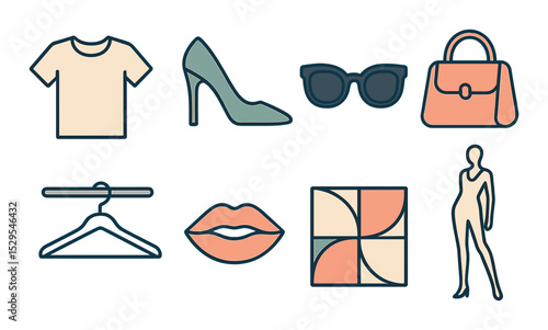Fashion Poster Concept isometric set. T-shirt outline, high heel shoe, sunglasses icon, stylish bag, hanger on rail, lipstick mark, abstract pattern, model