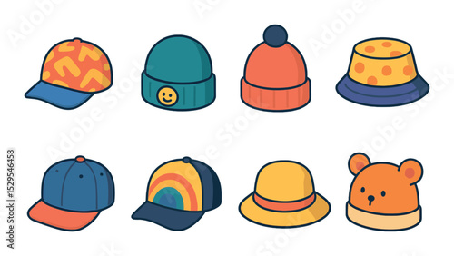 Youth Hat Styles Concept isometric set. Bright patterned cap, cartoon patch beanie, mini pom hat, playful bucket hat, youth snapback, rainbow cap, kid-size