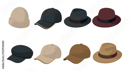 Luxury Hat Mockups Concept isometric set. Cashmere blend beanie, gold-accented cap, premium wool fedora, silk-lined fashion hat, designer-style brim cap.