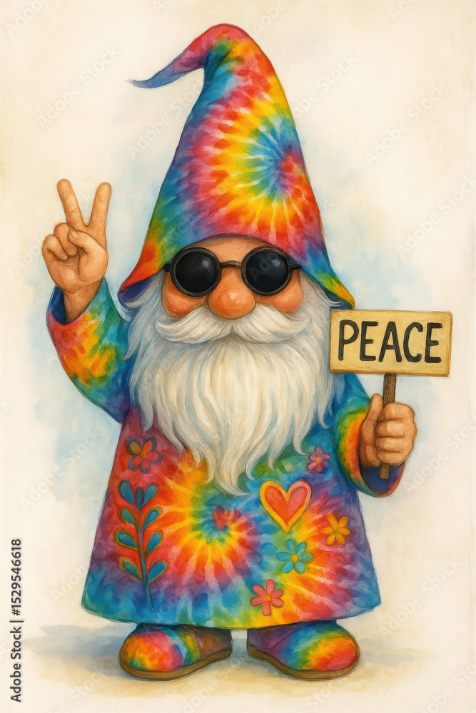 Obraz premium A vibrant gnome wearing a colorful tie-dye outfit, sunglasses, and holding a peace sign, embodying harmony and joy.