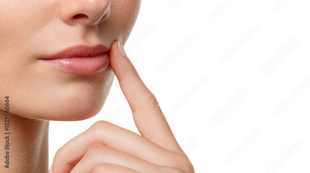Fototapeta premium Close up of a woman gently touching her lips with her index finger, isolated on a transparent background, creating a sense of intrigue and mystery