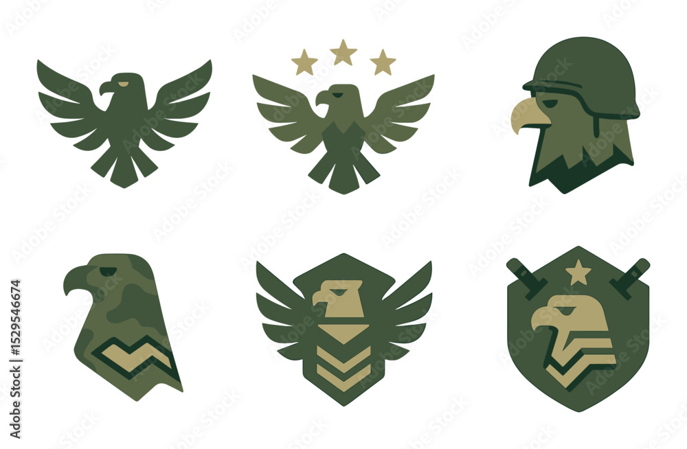 Obraz premium Military Eagle Concept isometric set. Tactical wings, eagle with stars, eagle helmet, army crest, camouflage eagle, shield with wings, rank eagle icon.