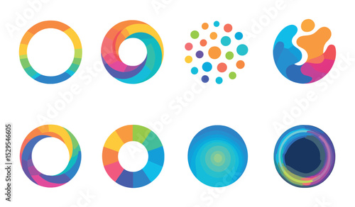 Colorful Circle Logos Concept isometric set. Rainbow ring, gradient swirl circle, multi-dot orb, isometric splash disc, colorful wave ring, circular