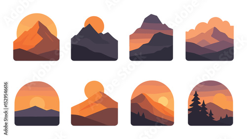 Sunset Mountain Views Concept isometric set. Orange glow peak, mountain shadow, twilight cliff, pink clouds over ridge, horizon line, golden slope, dusk