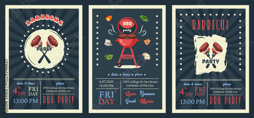 BBQ party. American 4th of July Celebration. Set of Set of barbecue invitation. Holiday card, poster, banner, flyer template for bbq picnic. Vector illustration