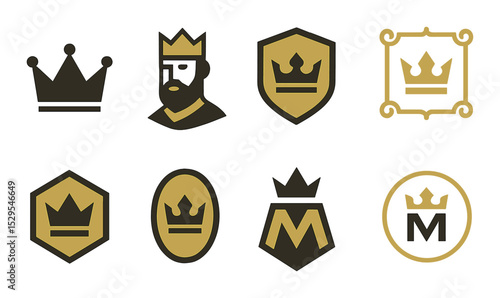 Royal Branding Concept isometric set. Crown silhouette, minimalist king logo, shield icon with crown, gold crest frame, luxury badge, elite emblem, bold