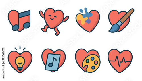 Music & Art Hearts Concept isometric set. Heart with music note, dancing heart, paint splash heart, heart with brush, creative vibe heart, song lyric heart