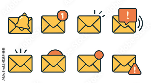 Email Notification Concept isometric set. Mail with bell, unread badge, popup alert, vibration mail icon, blinking envelope, push notification, red dot