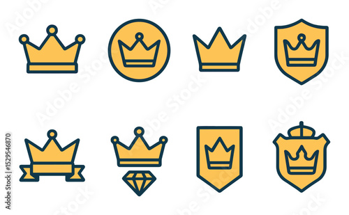 Luxury Brand Crowns Concept isometric set. Golden crown badge, crown inside circle, elite crown emblem, shield and crown, crown with ribbon, crown and
