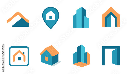 Real Estate Logo Concepts Concept isometric set. Roofline logo, home inside location pin, abstract building mark, modern realty emblem, square home logo.