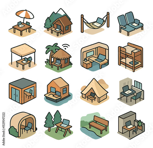 Remote work environments isometric set. beachside coworking table, mountain cabin with desk, hammock with laptop, airport lounge workspace, rooftop café