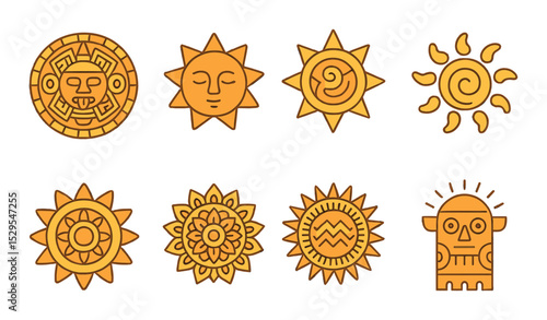 Cultural Sun Symbols Concept isometric set. Aztec sun stone, tribal sun face, Celtic sun knot, ancient spiral sun, heritage sun emblem, Eastern mandala sun