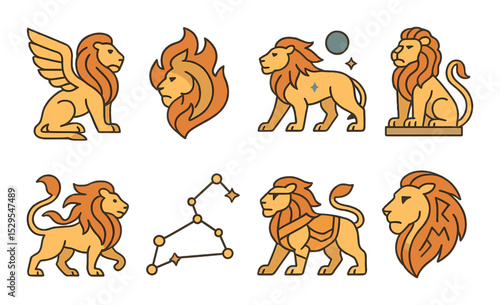 Mythical Lion Concept isometric set. Winged lion, fire mane symbol, celestial lion, guardian beast, twin-tailed lion, lion constellation icon, armored lion