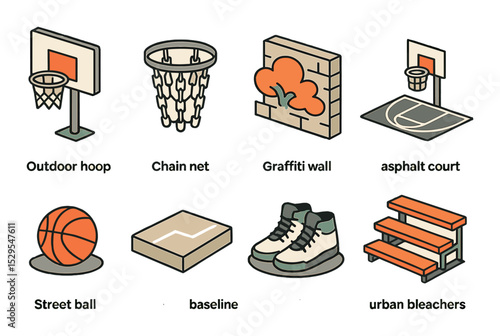 Street Basketball Concept isometric set. Outdoor hoop, chain net, graffiti wall, asphalt court, street ball, concrete baseline, sneakers on pavement, urban