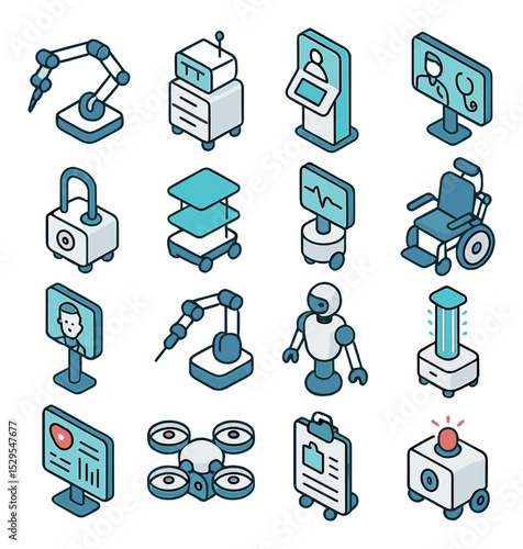 Medical robot assistant isometric set. robotic surgery arm, medicine dispenser bot, patient check-in assistant, remote diagnosis screen, AI stethoscope