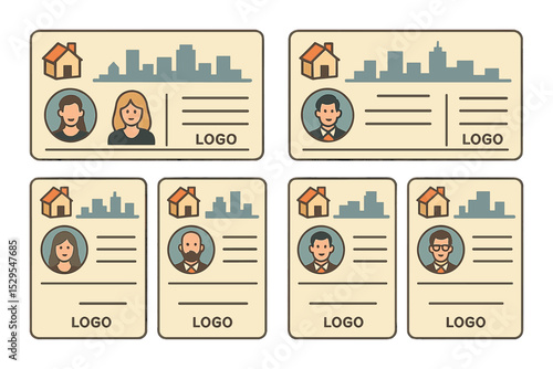 Real Estate Business Card Concept isometric set. House icon top corner, skyline silhouette, neutral background, agent portrait placement, classic bold font