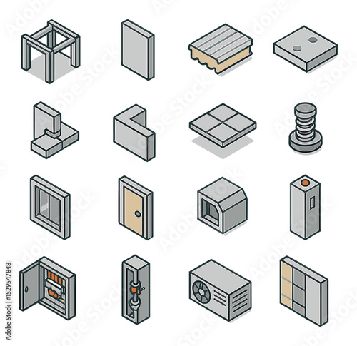 Modular construction components isometric set. structural steel frame, modular wall panel, insulated roof panel, prefabricated floor slab, interlocking