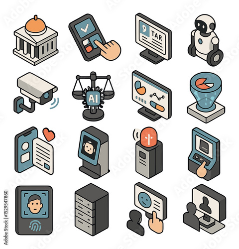 Smart governance isometric set. city hall building, e-voting device, digital tax form, public service robot, smart law enforcement camera, AI legal