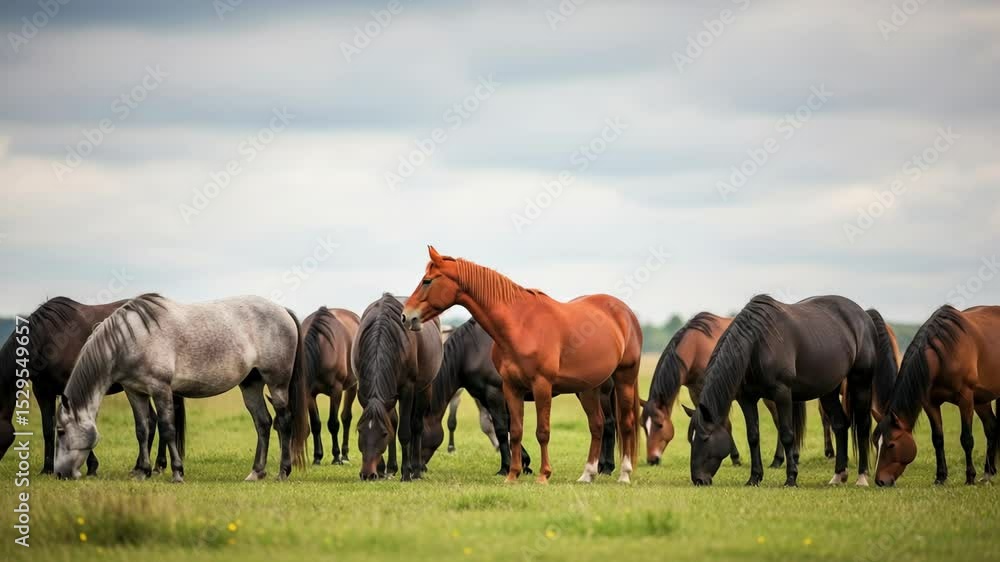 Herd of horses grazing in green pasture with one horse looking at camera. Farm animals in field on cloudy day. New Year 2026 Herd of horses grazing in green pasture with one horse looking at camera. Farm animals in field on cloudy day. New Year 2026