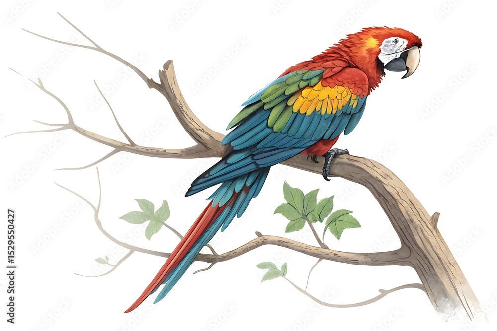 Obraz premium Scarlet Macaw Illustration A Vibrant Tropical Bird Perched on a Branch with Delicate Leaves Against a Clean White Background