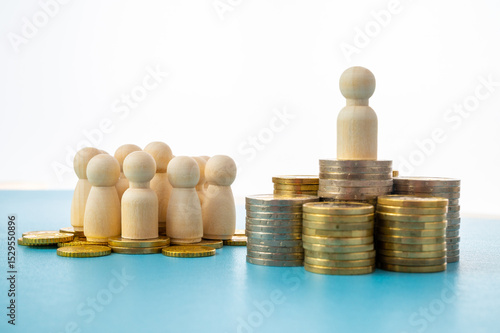 Wooden figures, on piles of coins, concept of wealth distribution. Few people hold most of the wealth.