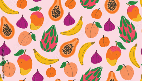 Colorful tropical fruit pattern in flat cartoon style