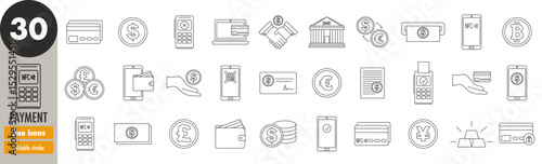 Payment methods - editable stroke thin line icons set. Banking, online payment, NFC payment, credit card, cash, coins, mobile payment, QR code payment, POS terminal payment, vector illustration