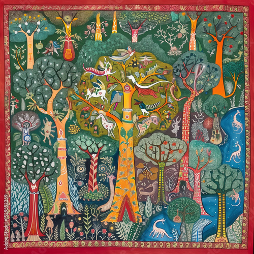 Enchanting Madhubani Forest Fantasy with Unicorns, Dragons & Phoenixes Amid Intricate Trees, Waterfalls, Fairies & Magical Woodland Spirits