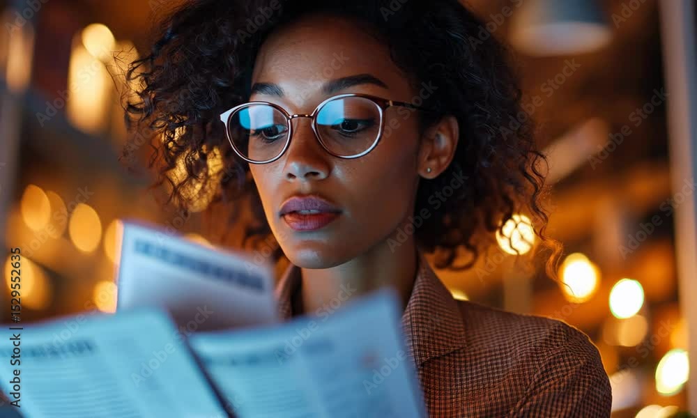 Young woman reading newspaper in cozy cafe during evening hours while enjoying the ambiance Young woman reading newspaper in cozy cafe during evening hours while enjoying the ambiance