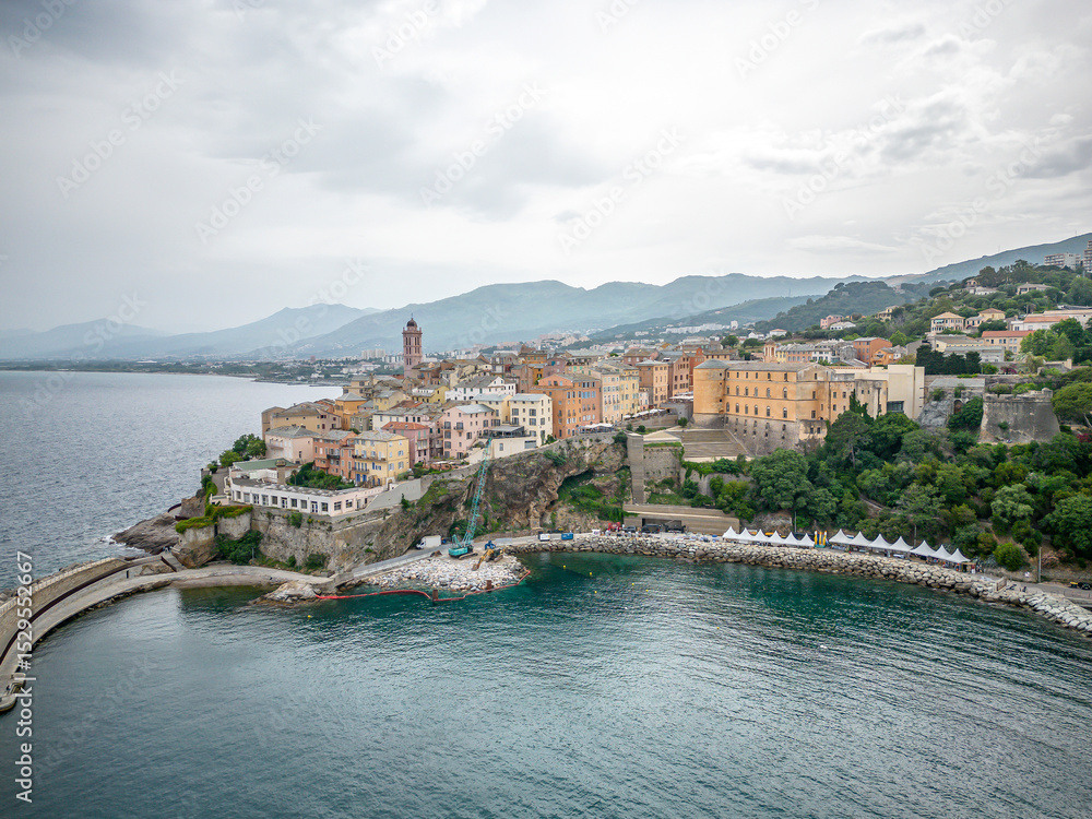 Naklejka premium Aerial view of the Citadel of Bastia in the north of Corsica island - Genoese city overlooking the Mediterranean Sea
