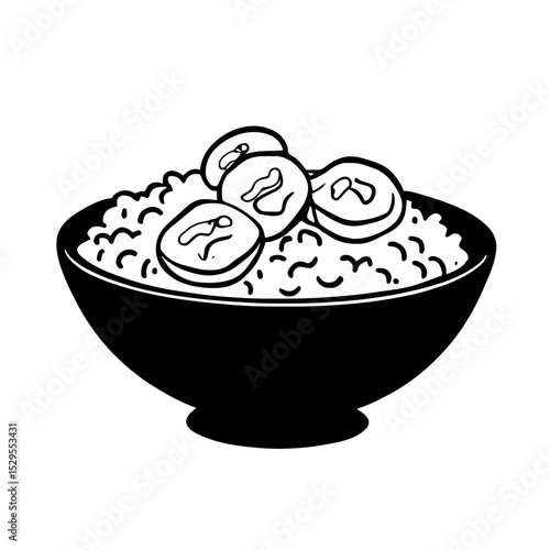 Minimalist black silhouette of kapusta bowl with sauerkraut and sausage on white background