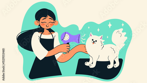 Woman grooming dog. Smiling girl dries puppys hair. Pet grooming salon. Professional groomer. Doodle style isolated vector illustration.