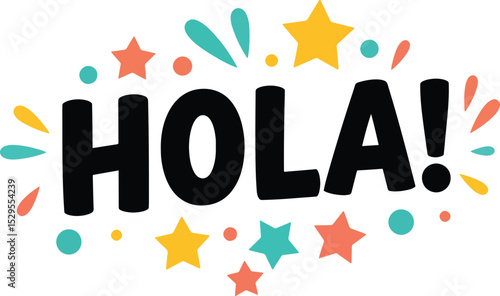 hola! with playful flat star shapes and tilted chunky font