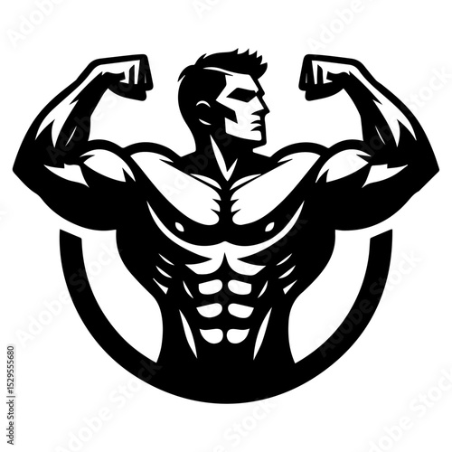 A stylized black vector image of a bodybuilder flexing muscles.