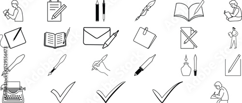 Collection of Writing and Editing Icons Pens, Paper, Books, and Checkmarks