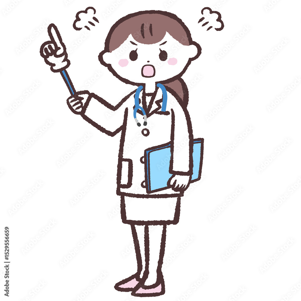 上を指し怒っている女医のイラスト 上を指し怒っている女医のイラスト