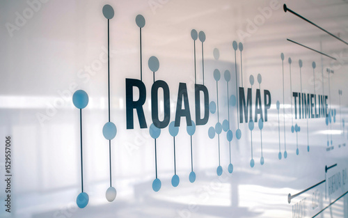 A modern graphic displaying a roadmap and timeline concept with connected dots and lines on a clear glass board.